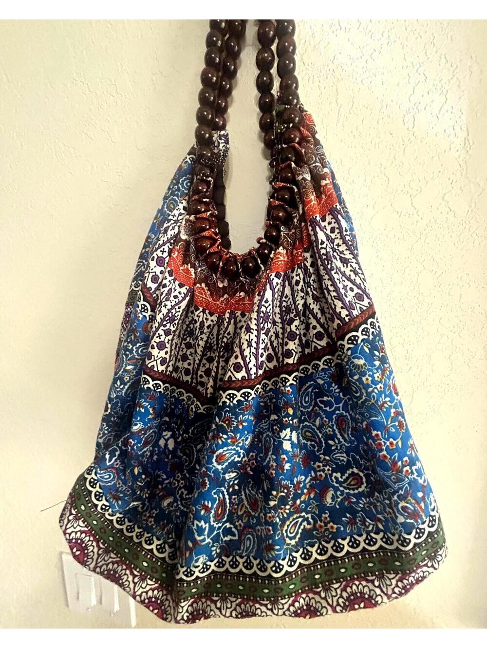 Vintage Boho Beaded Handle Handbag Paisley Print Fabric Wood Beads Hippie Tote